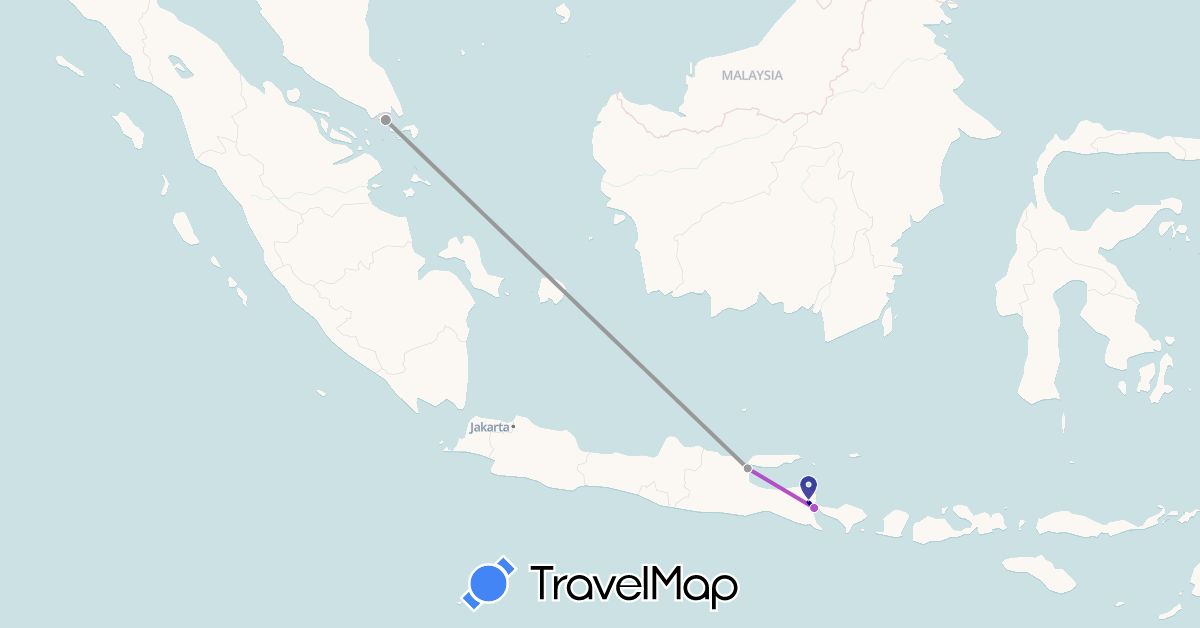 TravelMap itinerary: driving, plane, train in Indonesia, Singapore (Asia)